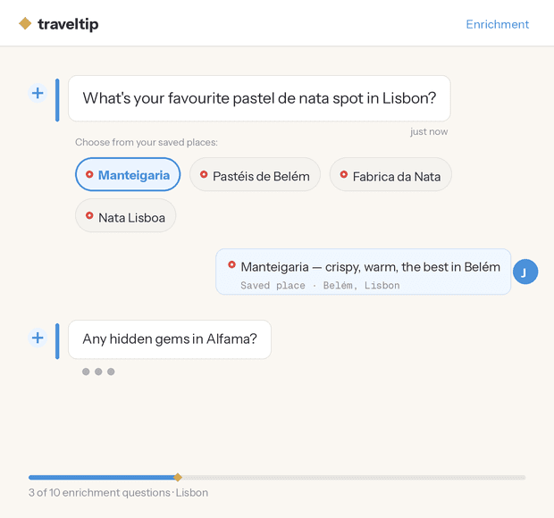 traveltip enrichment dashboard suggesting places in Lisbon