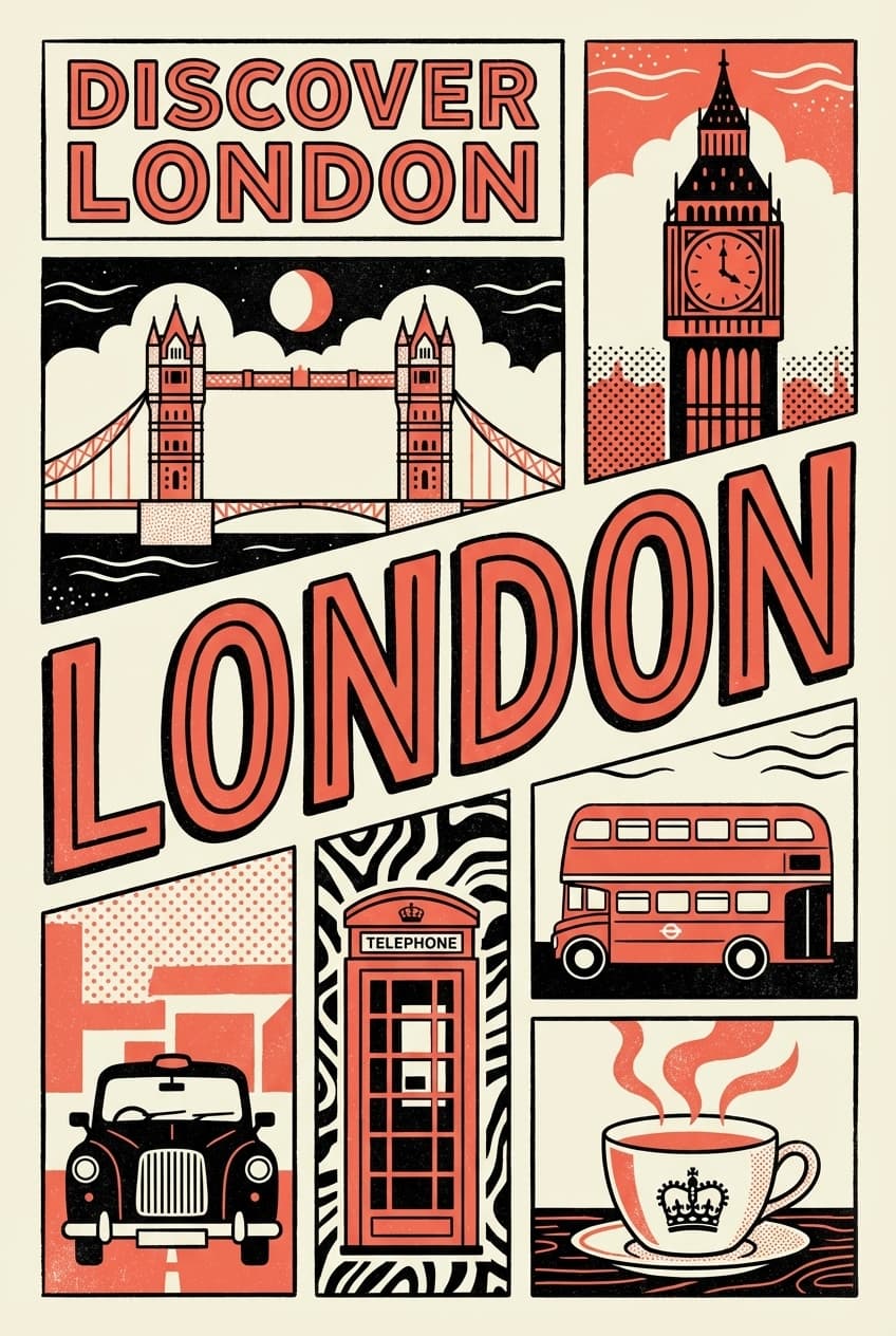 AI-generated London travel guide poster